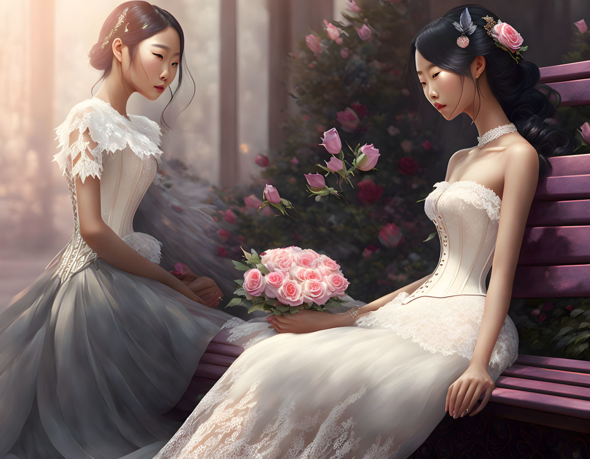 Elegantly dressed women with roses in serene setting