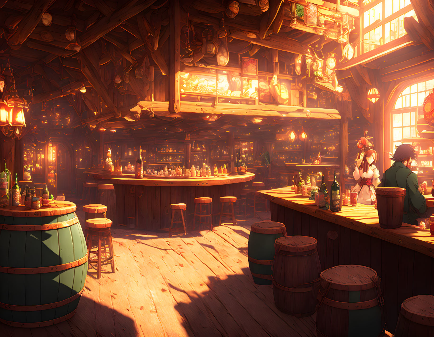 Rustic tavern interior with wooden beams, bar, patrons, and sunlight.