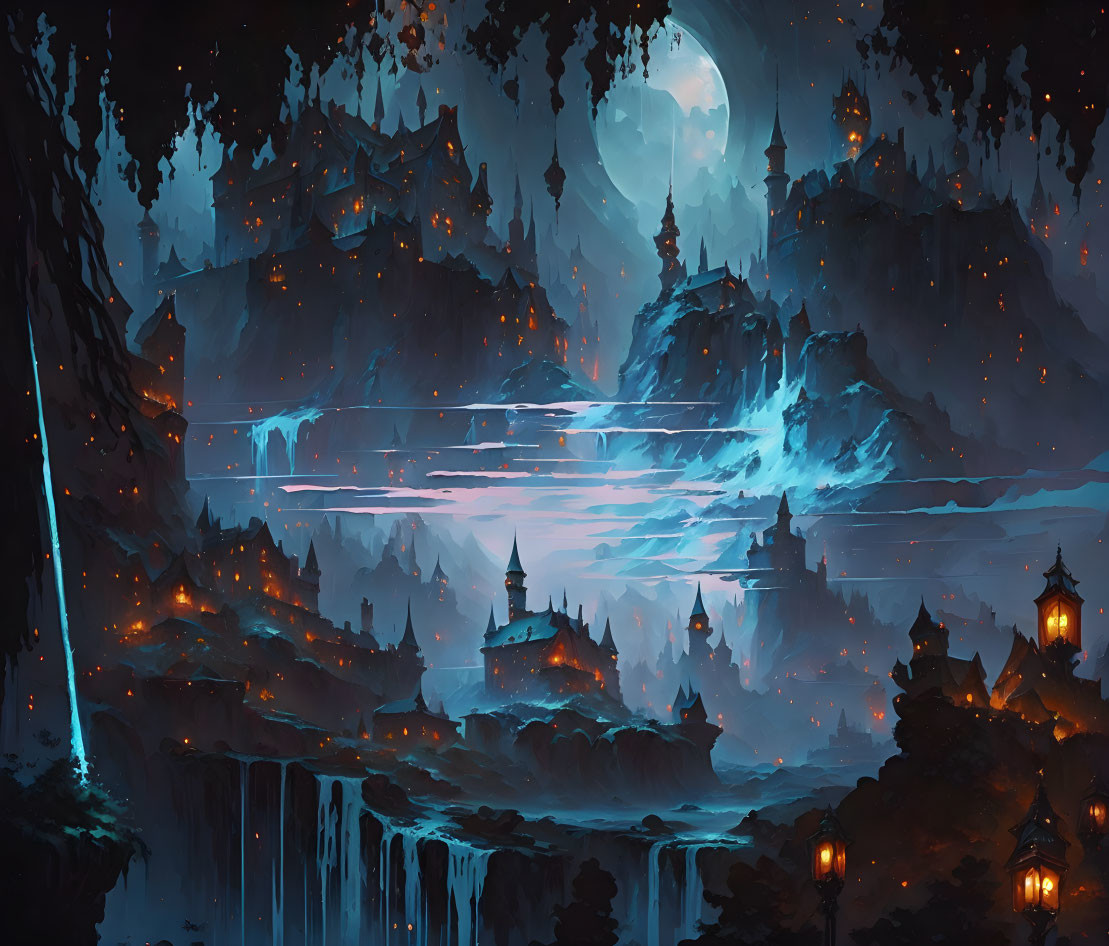 Enigmatic Nighttime Landscape with Waterfalls and Moon