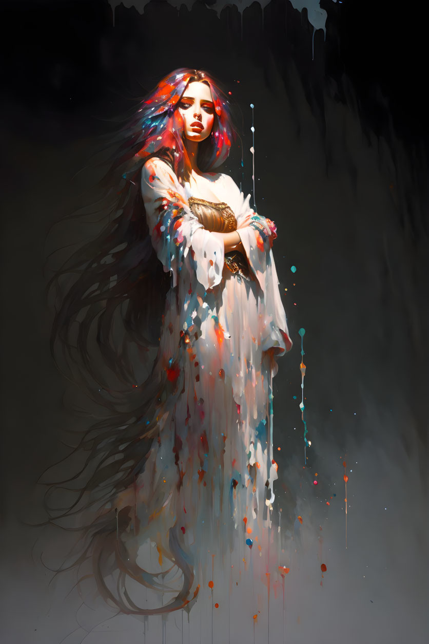 Mystical woman with flowing hair and dress dissolving into colorful paint drips