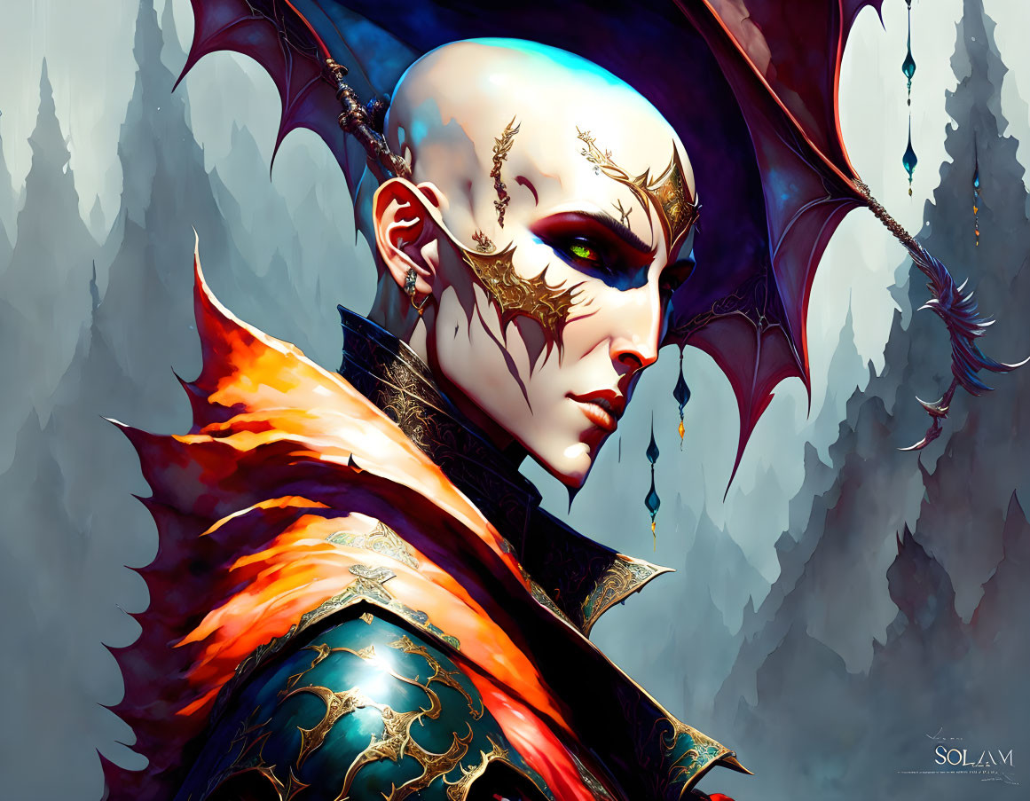 Fantasy character portrait with bald head, elf-like ears, tattoos, and ornate outfit