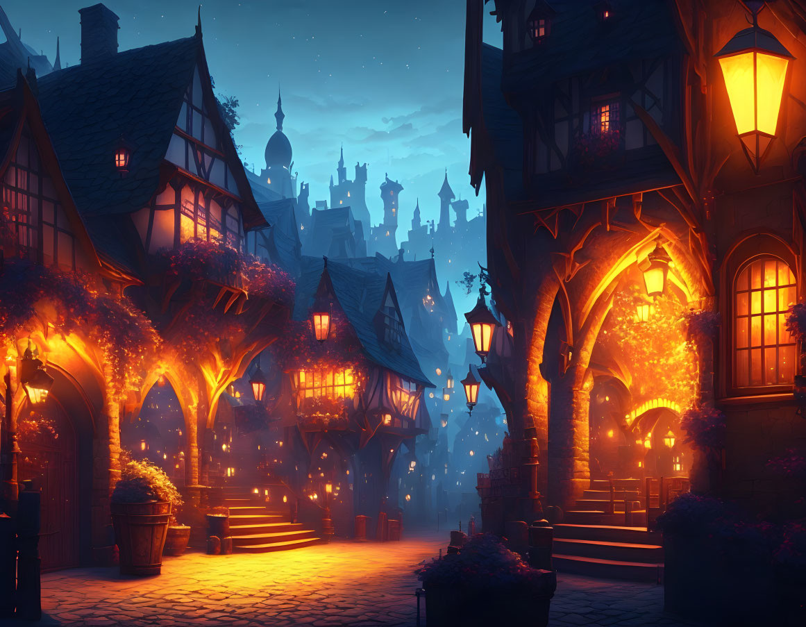 Cobblestone Street with Lantern-lit Houses and Castle Silhouette at Twilight