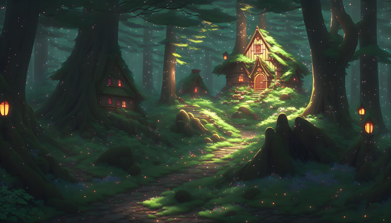 Enchanting cottage in magical forest with glowing path