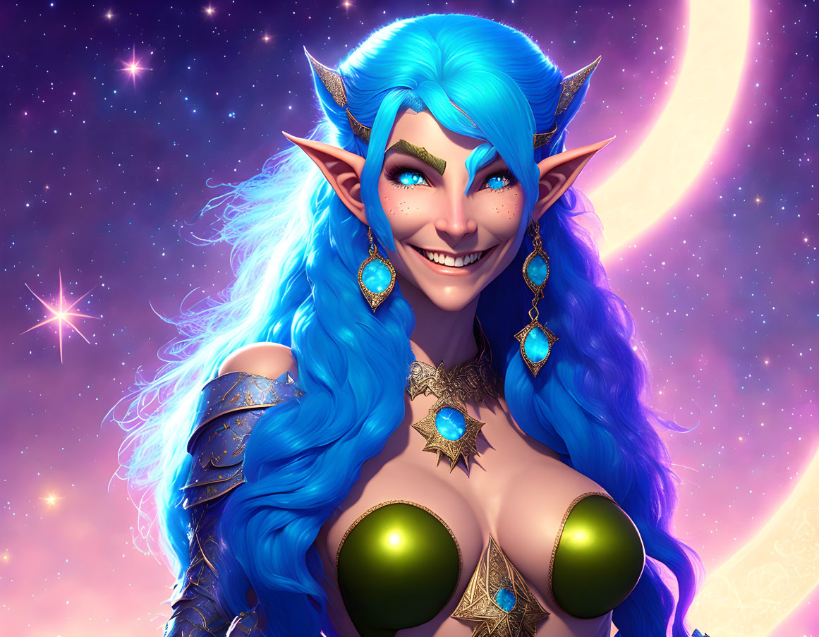 Blue-Haired Female Elf with Pointed Ears in Cosmic Setting