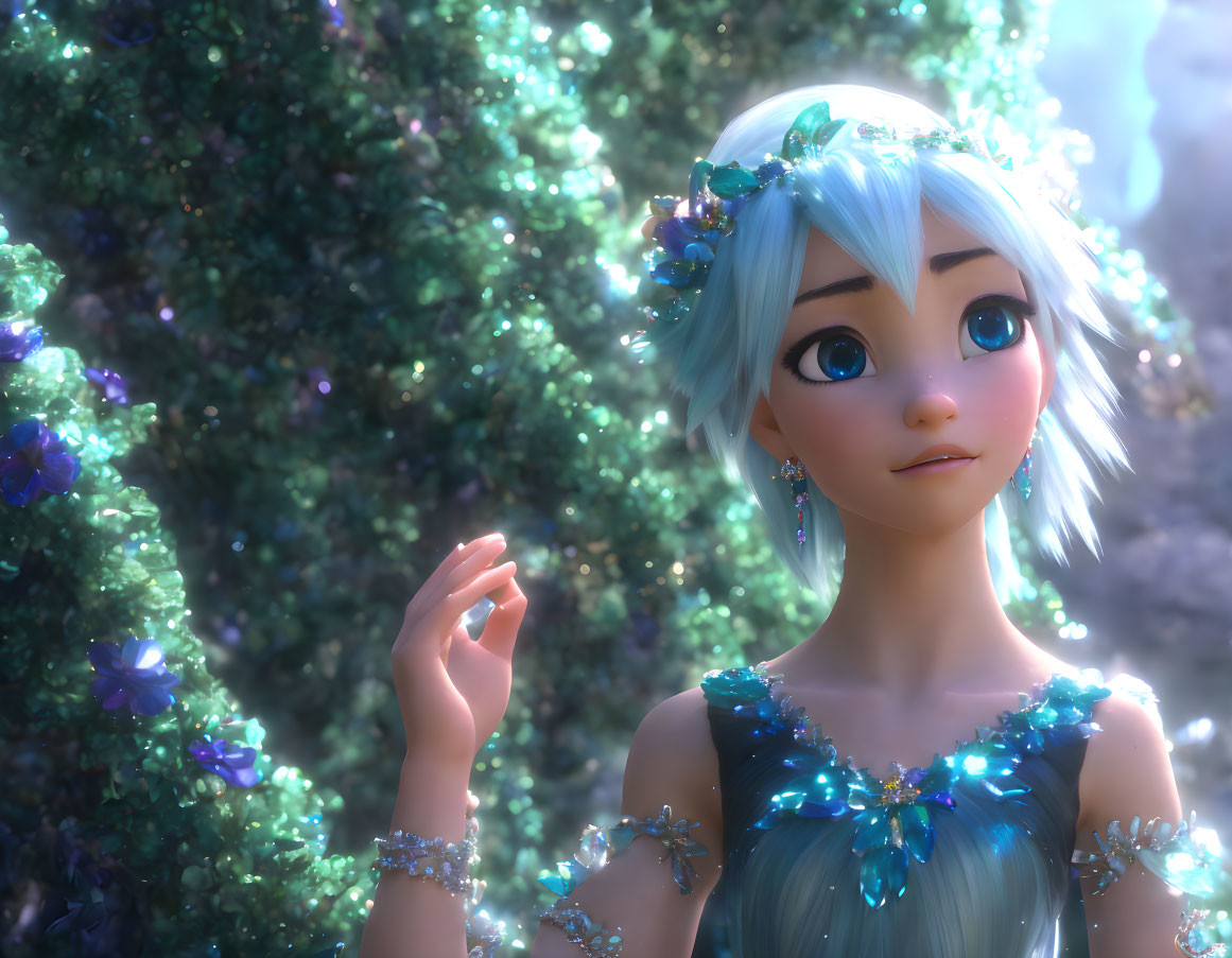 Blue-haired 3D-animated character in lush greenery and twinkling lights