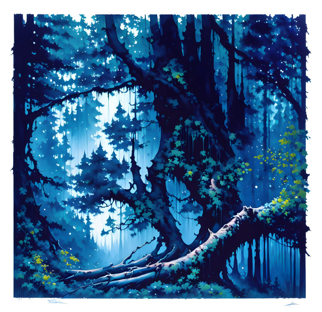 Vibrant enchanted forest with luminescent blue hues
