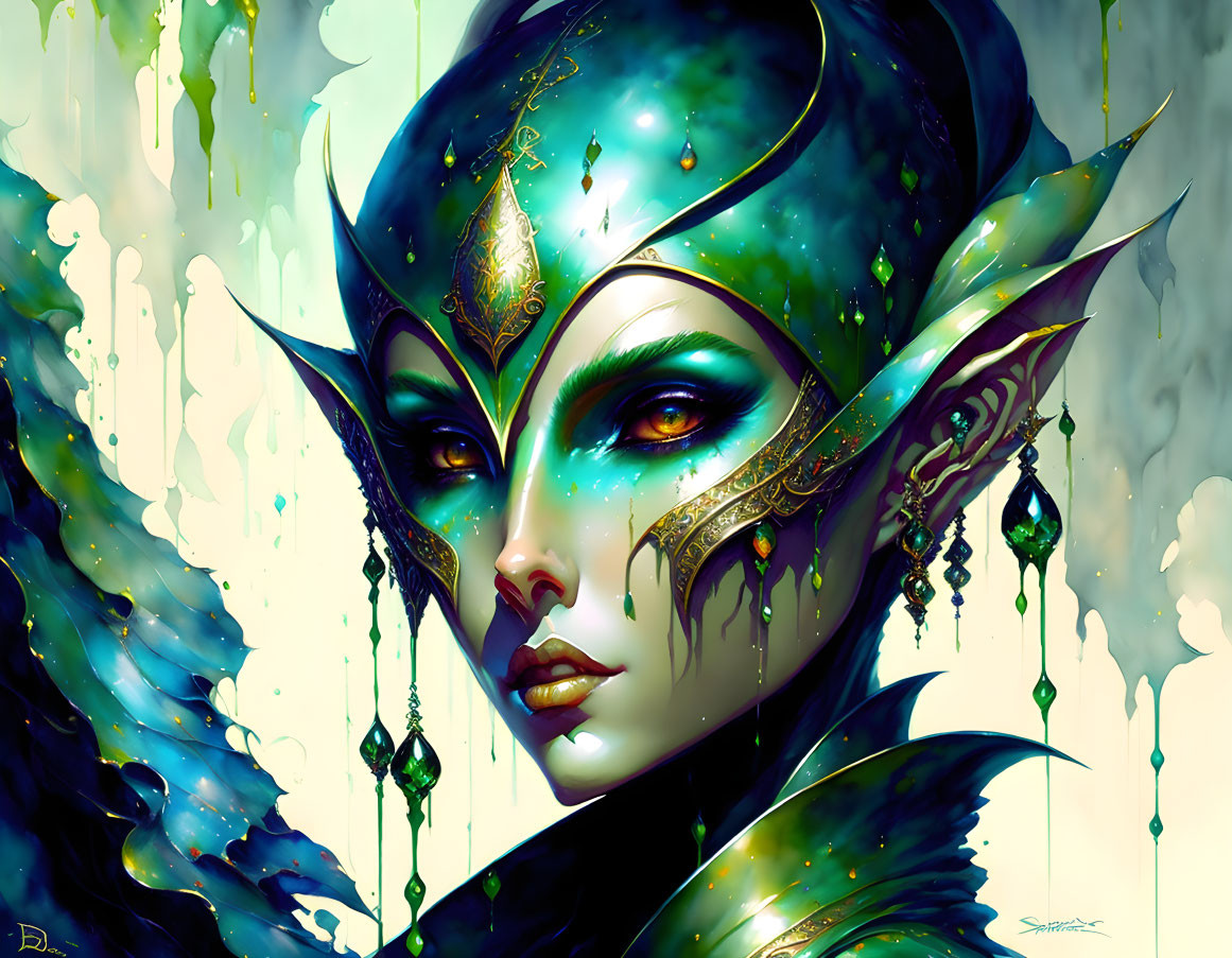 Vibrant digital artwork: Elf in emerald-green armor with golden adornments on abstract background.