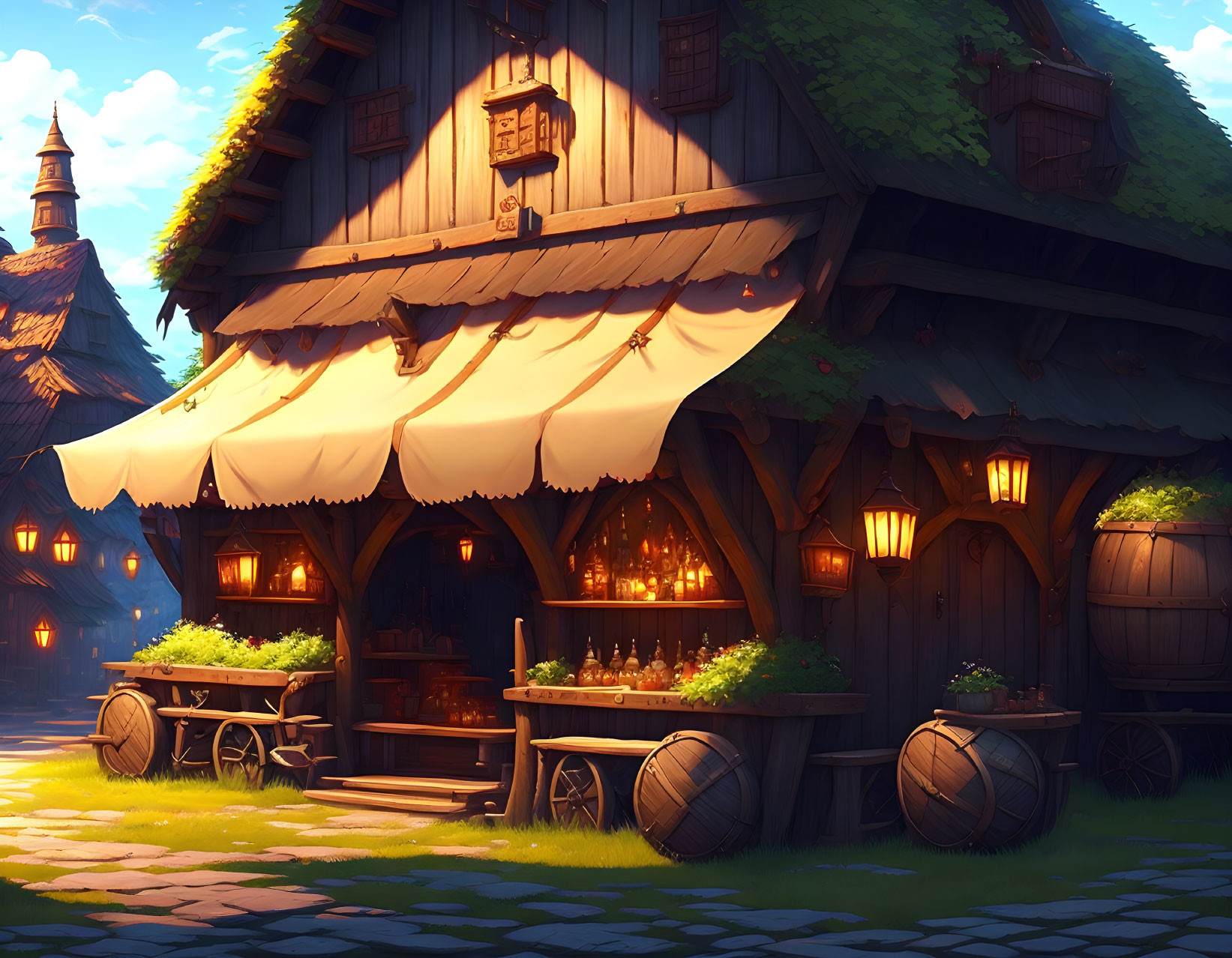 Medieval tavern scene with warm glow, barrels, greenery, and storybook vibe