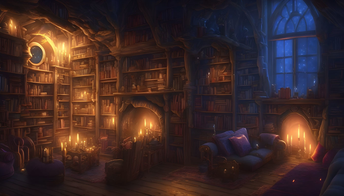 Inviting candlelit library with tall bookshelves, cozy seating, bright windows, and fireplace