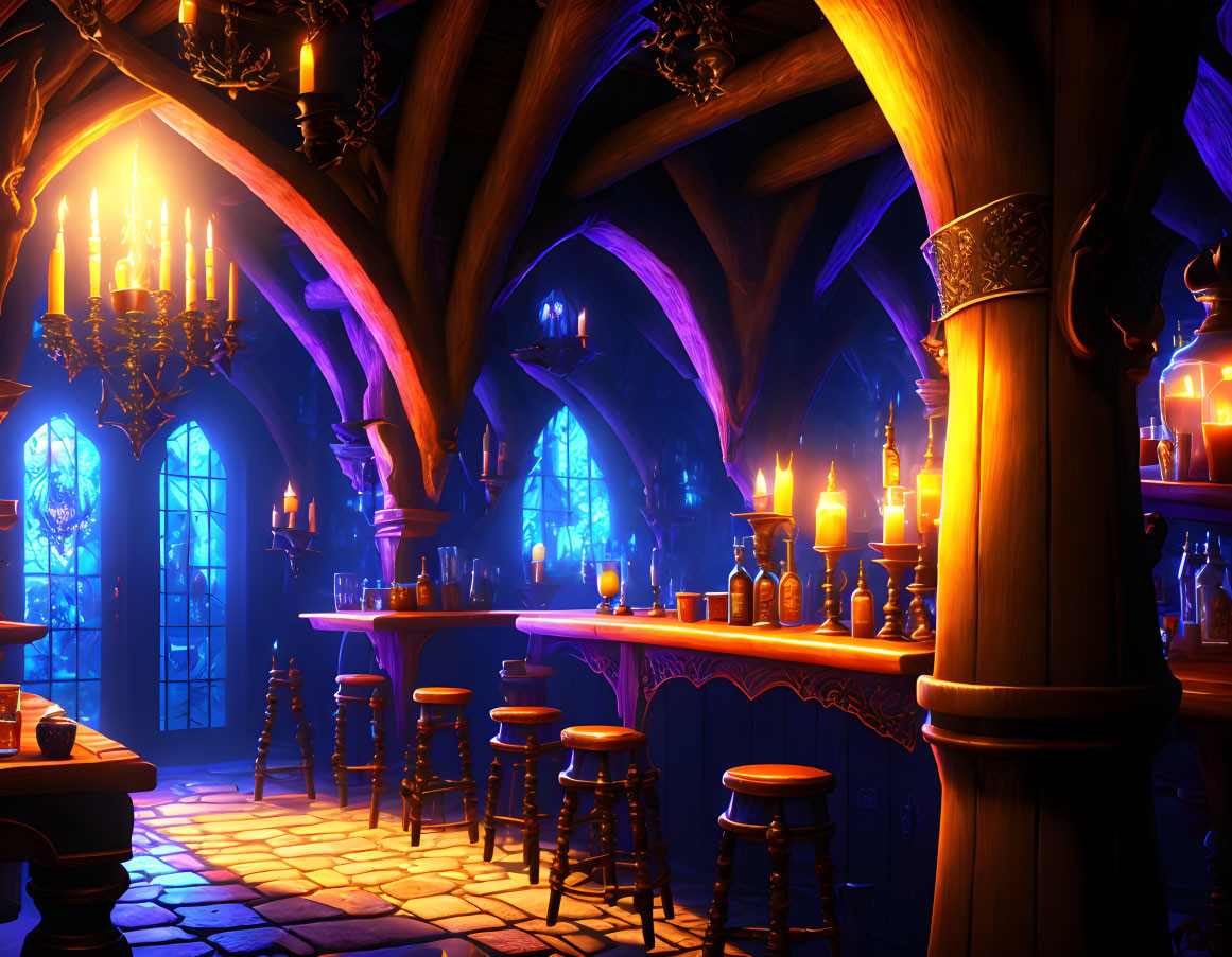 Medieval tavern with candles, chandeliers, arched windows, and magical ambiance