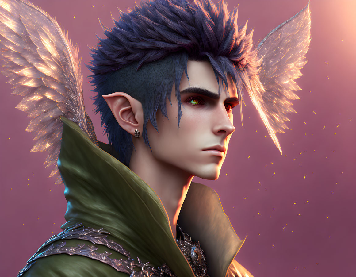 Fantasy illustration of male character with blue hair and glowing wings on red background
