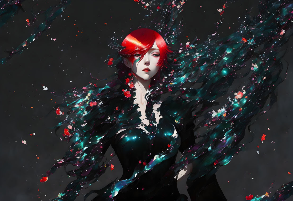 Vibrant red-haired woman in dark dress dispersing into colorful petals on dark background