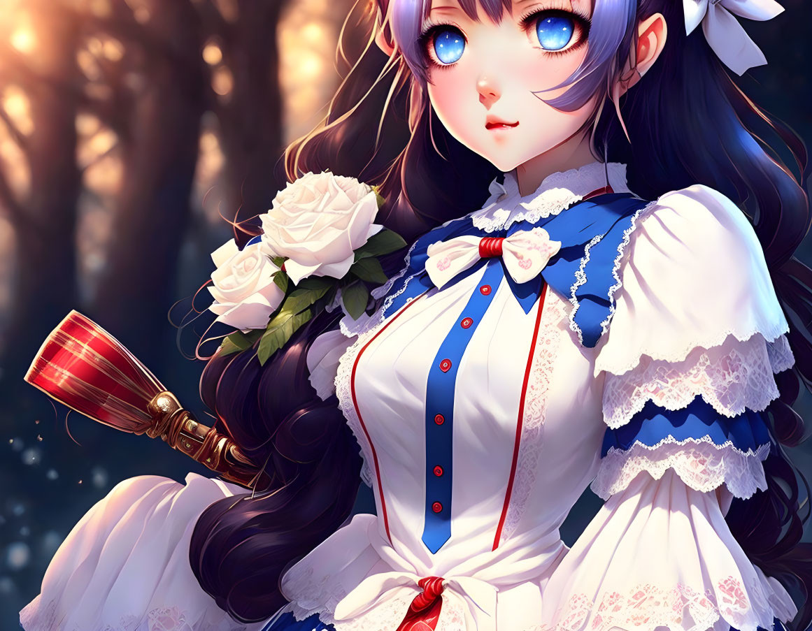 Anime girl in Victorian-style dress with hand mirror and large blue eyes