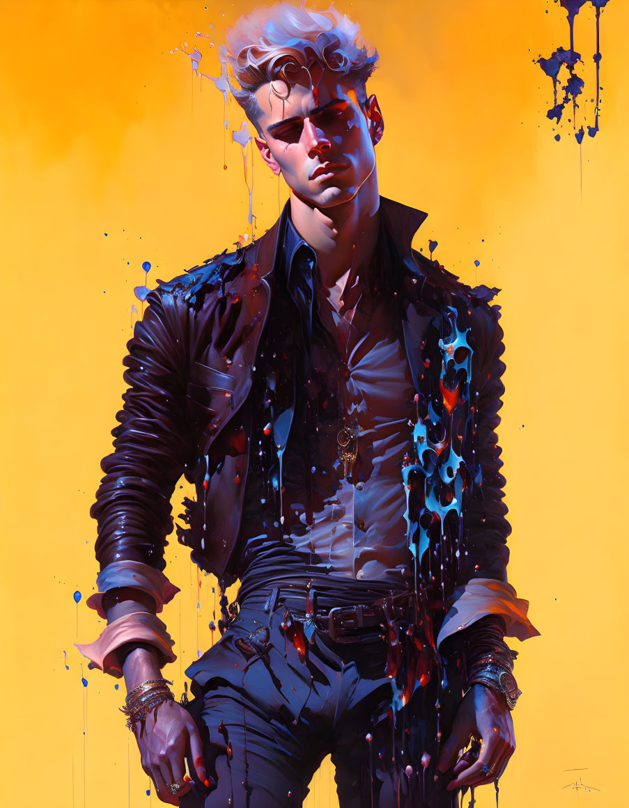 Stylized man with white hair and sunglasses in black leather jacket against yellow backdrop with dripping paint