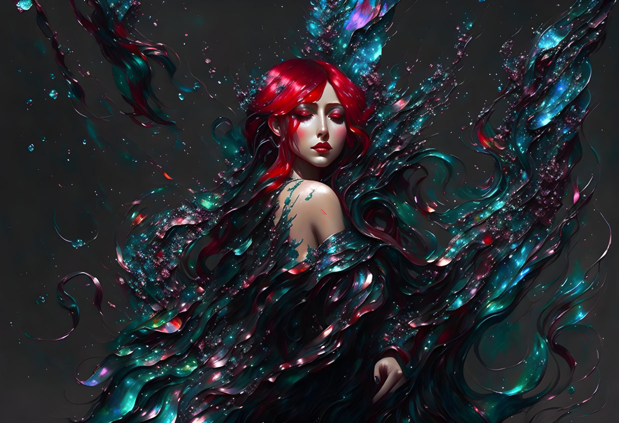 Digital artwork featuring woman with vibrant red hair and cosmic-themed dress on dark background