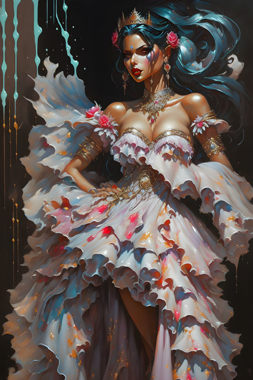 Illustrated elegant fantasy woman in white and gold dress with floral accents and jewelry on dark backdrop