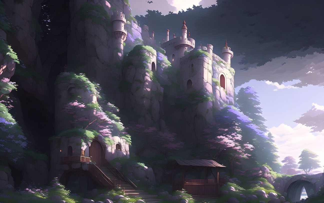 Enchanting castle on forested hillside in soft light