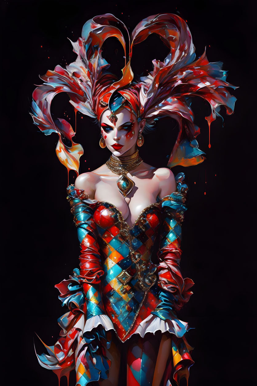 Colorful Harlequin Costume with Feather Headpiece and Bold Makeup