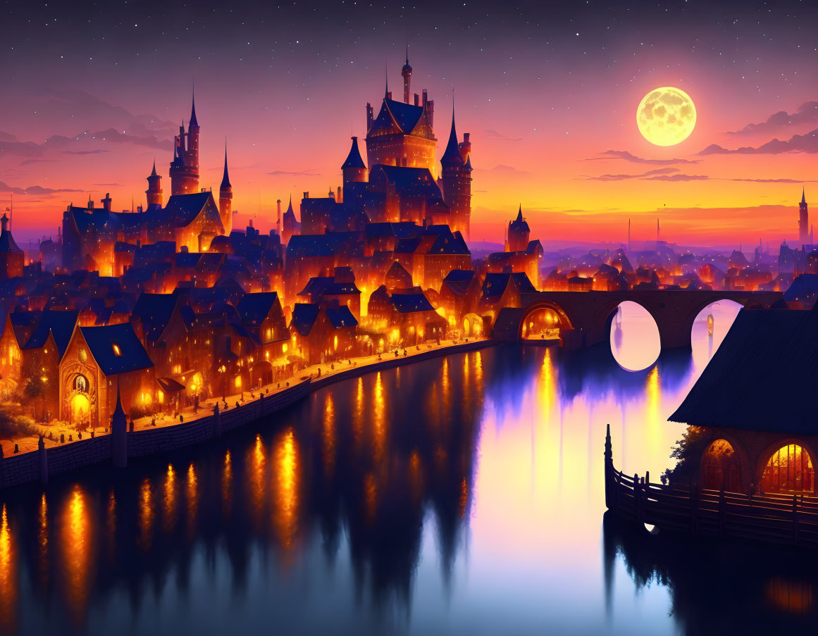 Medieval city at dusk: illuminated buildings, serene river, full moon