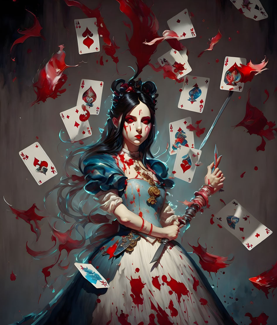 Illustrated female figure with floating playing cards in chaotic scene