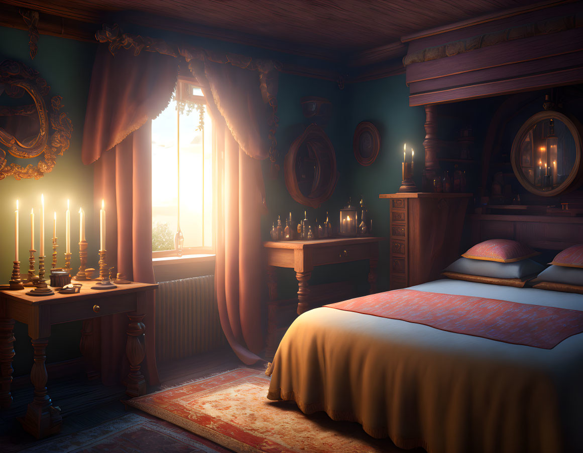 Vintage Bedroom Sunset: Cozy Atmosphere with Warm Light, Made Bed, Candles & Antique Furniture