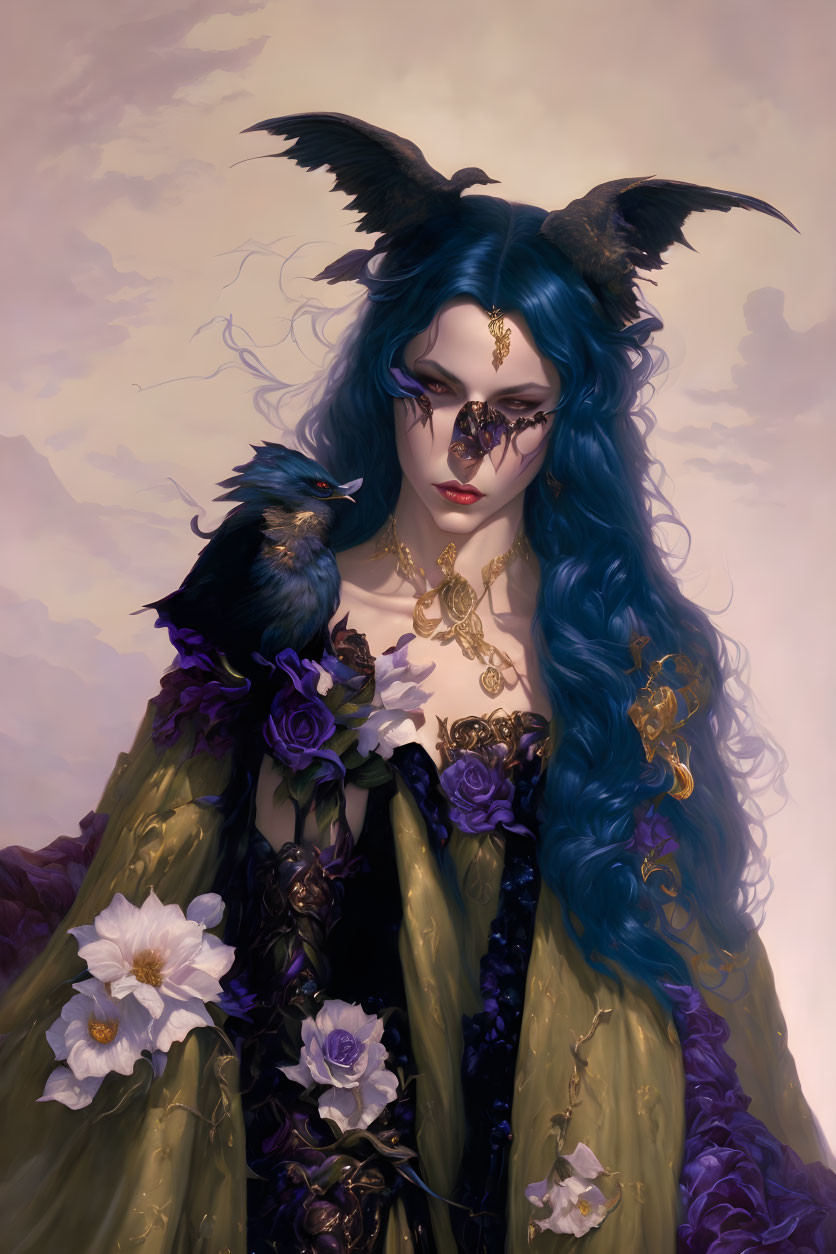 Mystic figure with blue hair, horns, mask, gold jewelry, black bird, on soft