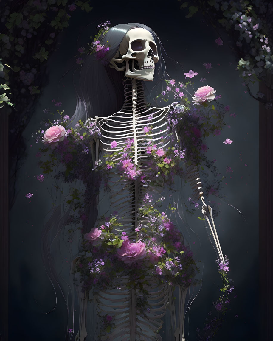 Skeleton adorned with purple flowers and vines on dark background