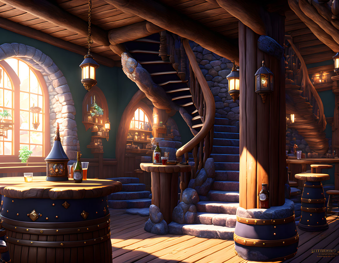 Warmly Lit Fantasy Tavern Interior with Wooden Beams & Stone Stairs