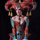 Colorful Harlequin Costume with Feather Headpiece and Bold Makeup