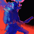 Stylized skeletal figure in top hat and jacket playing blue guitar in vibrant scene