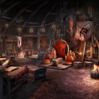 Mystical dimly lit room with masks, lanterns, fires, wooden platforms, and arcane