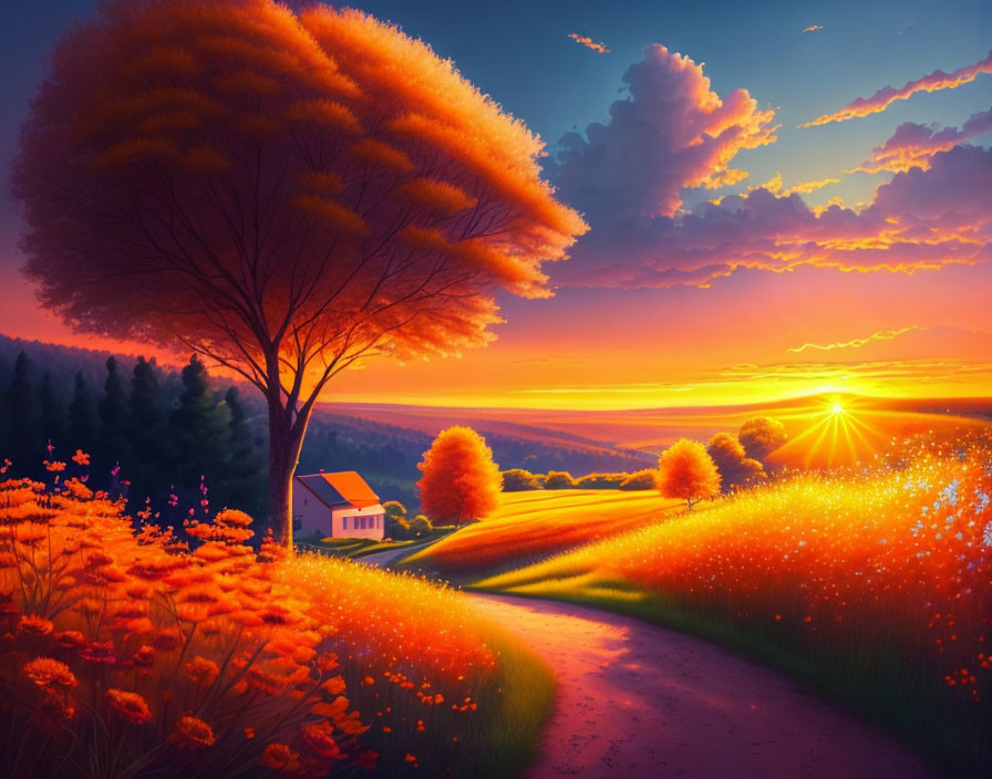 Colorful sunset over pastoral landscape with tree, cottage, and blooming flowers.