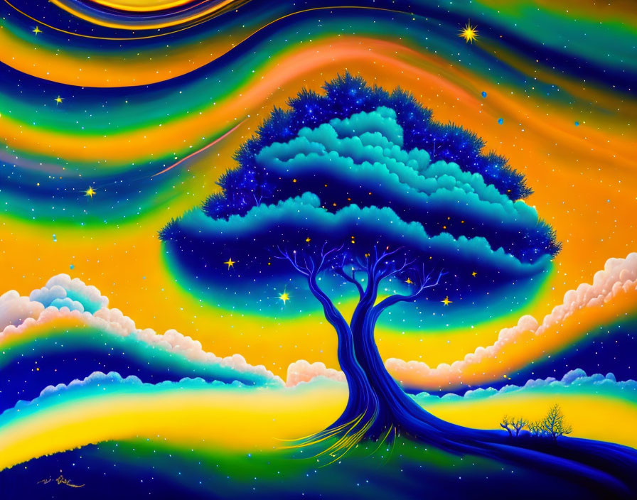 Colorful digital artwork: stylized tree under starry sky