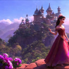 Animated princess in pink dress with horse near fantastical palace in lush greenery under bright sky