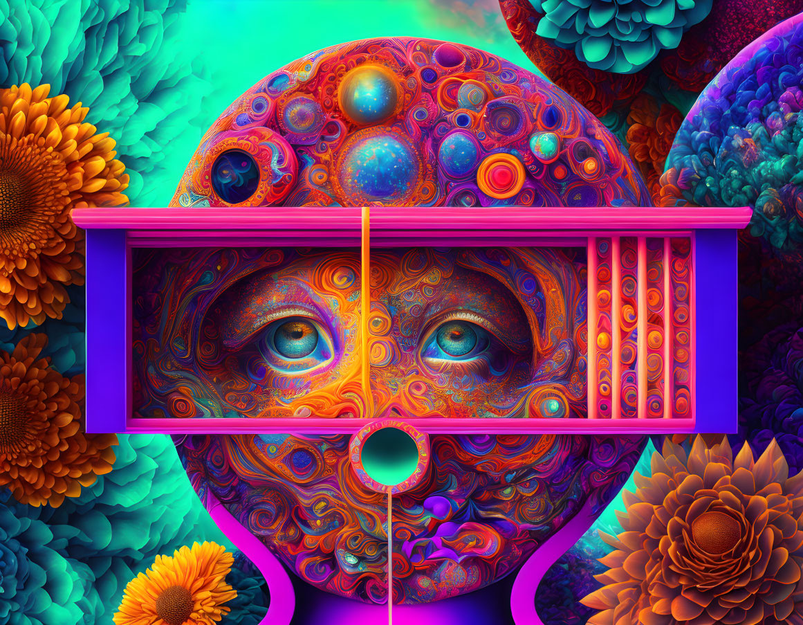 Colorful psychedelic digital artwork: Human-like figure with intricate patterns and floral designs
