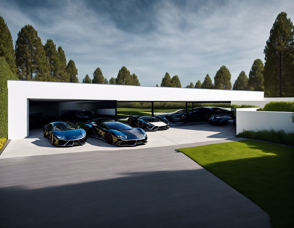 Luxury Cars Parked Outside Modern House with Glass Windows