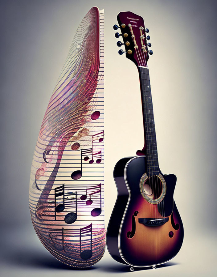 Colorful Guitar with Sheet Music and Vibrant Colors on Plain Background