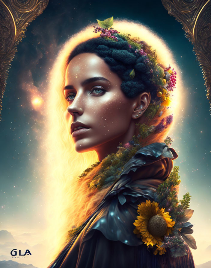 Ethereal woman with flower-crowned afro in celestial setting