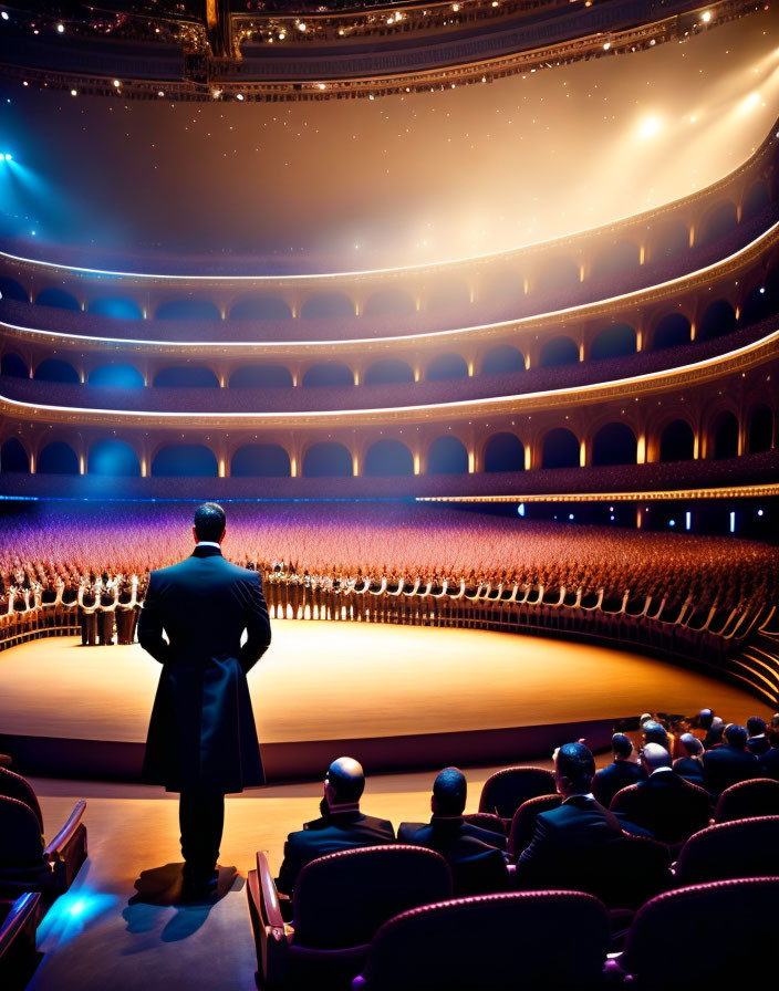 Man in Suit Addresses Audience in Circular Auditorium