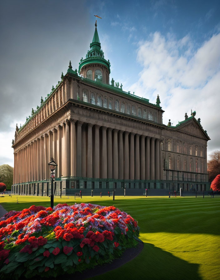Classical building with green dome, columns, lush surroundings