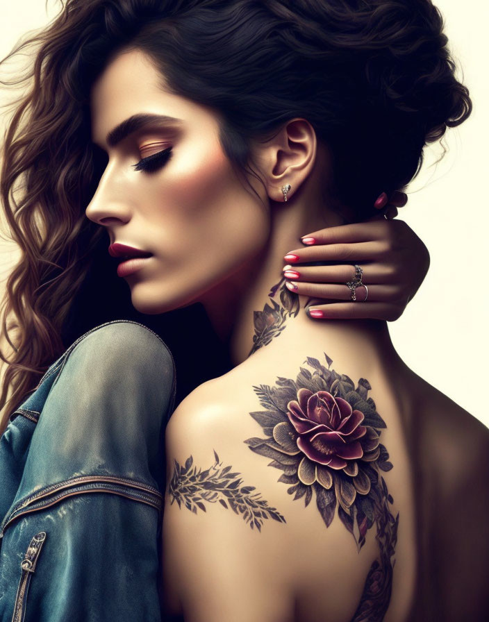 Woman with floral shoulder tattoo in denim jacket, wavy hair, subtle makeup.