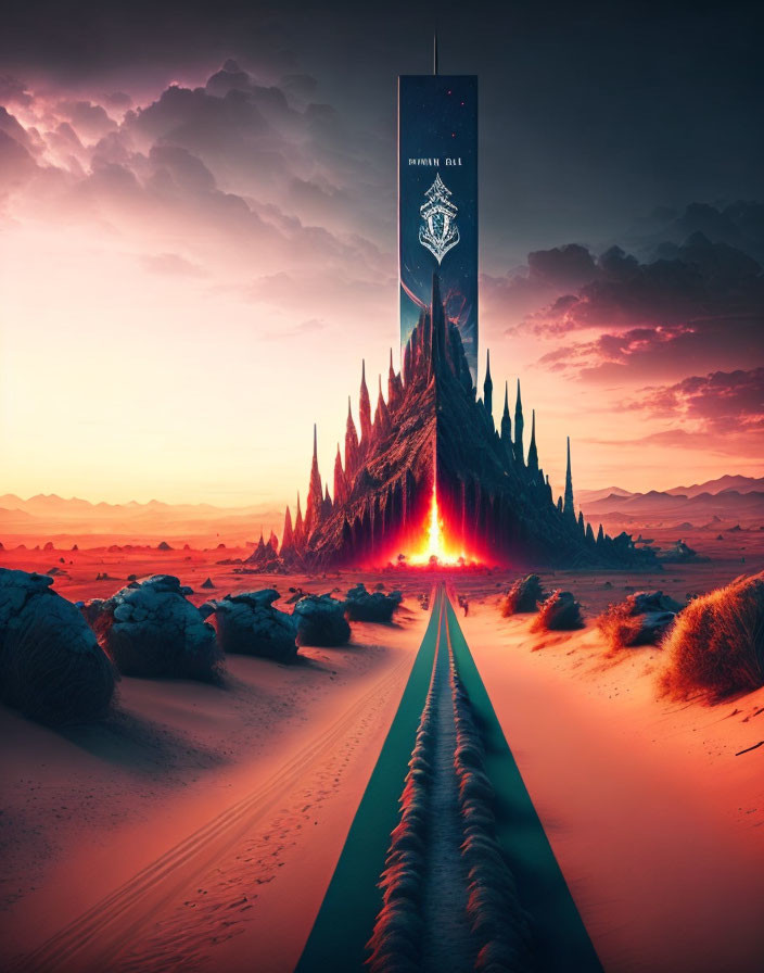 Monolithic tower in surreal desert landscape with glowing sun