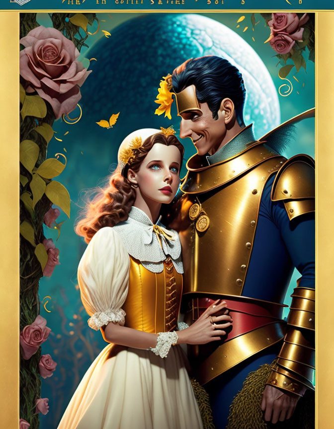 Vintage dress woman and knight in armor share affectionate gaze with roses and vines