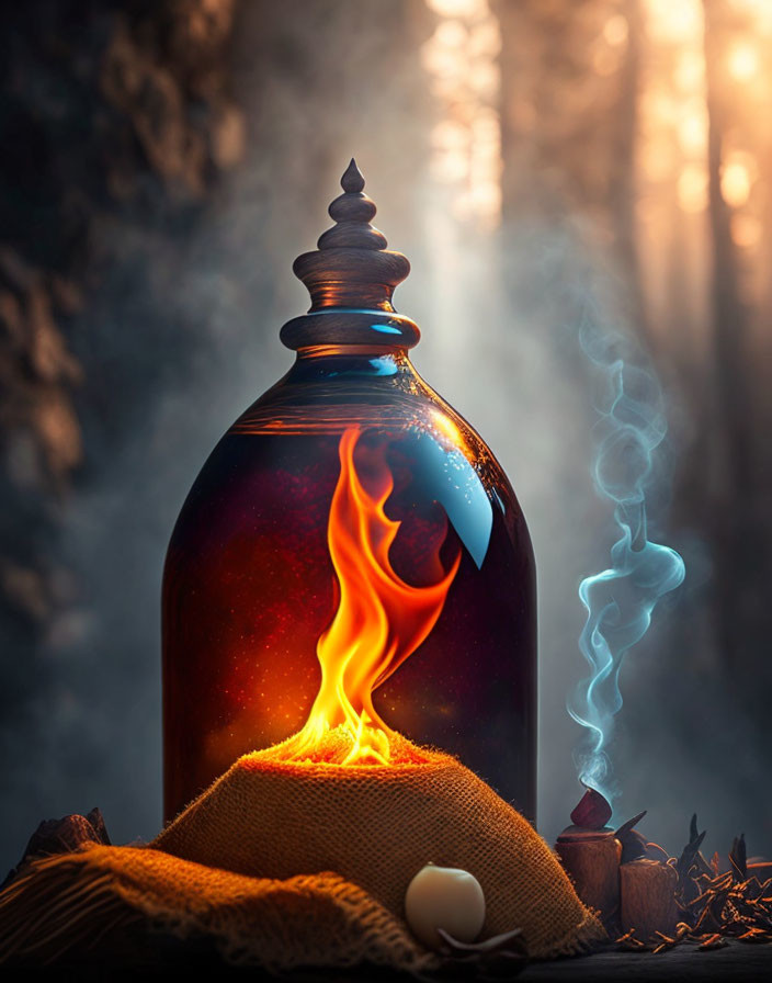 Amber bottle with flame, spices, smoke, forest backdrop, sunbeams