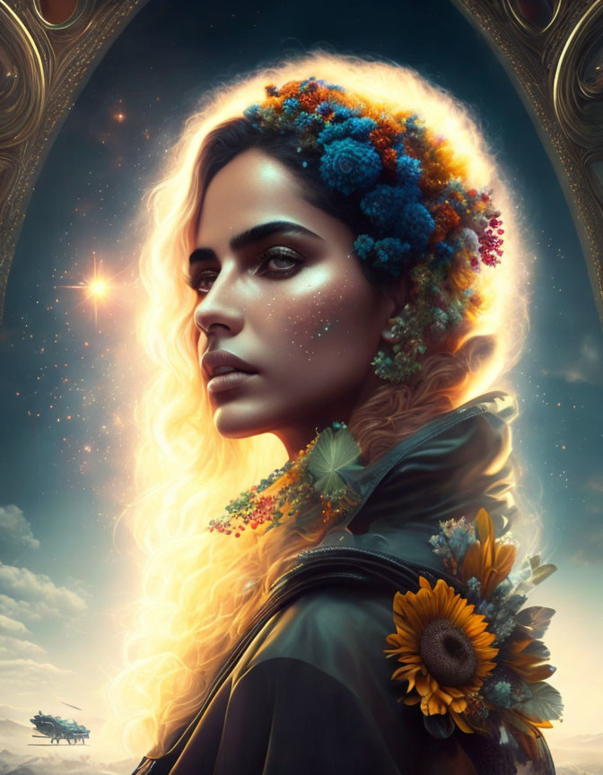 Surreal portrait of woman with radiant hair and flowers against fantasy backdrop