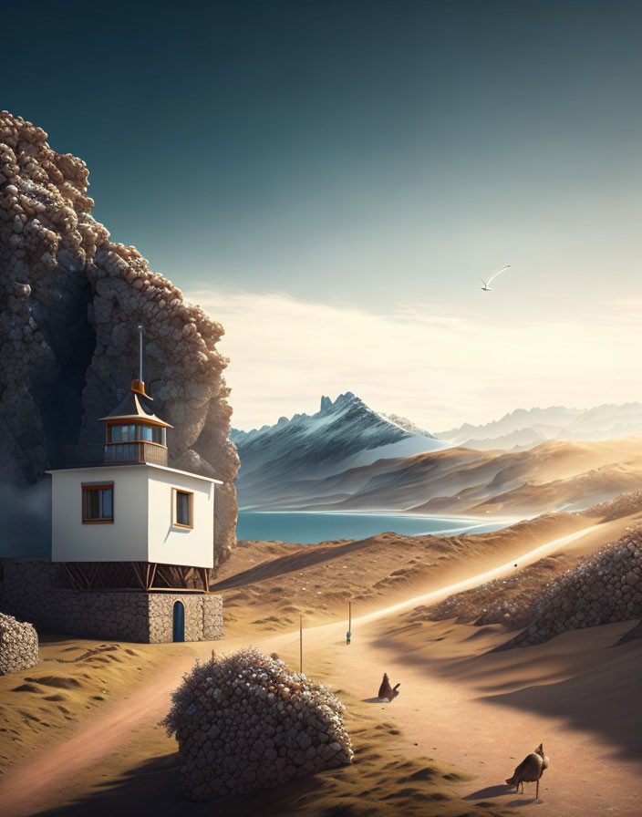 Surreal landscape featuring lighthouse on rocky cliff, sand dunes, and distant mountains under clear
