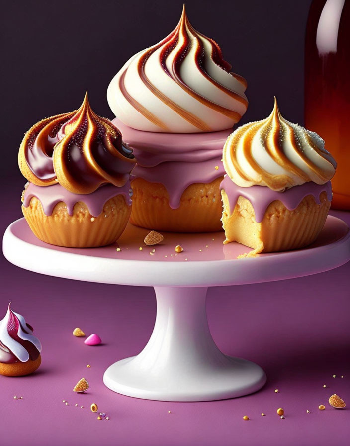 Three cupcakes with white and purple swirled icing on cake stand against purple background