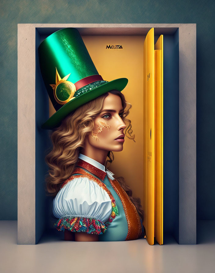 Colorful portrait of woman with curly hair in top hat and blue vest by yellow door
