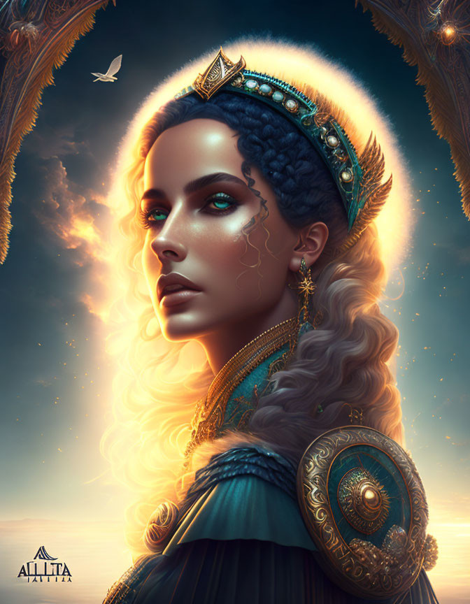 Regal woman with jeweled crown and shield in mystical ambiance
