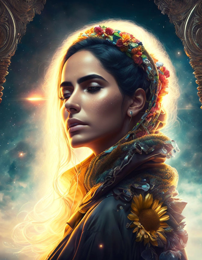Woman with Floral Crown and Sunflower Scarf in Celestial Setting